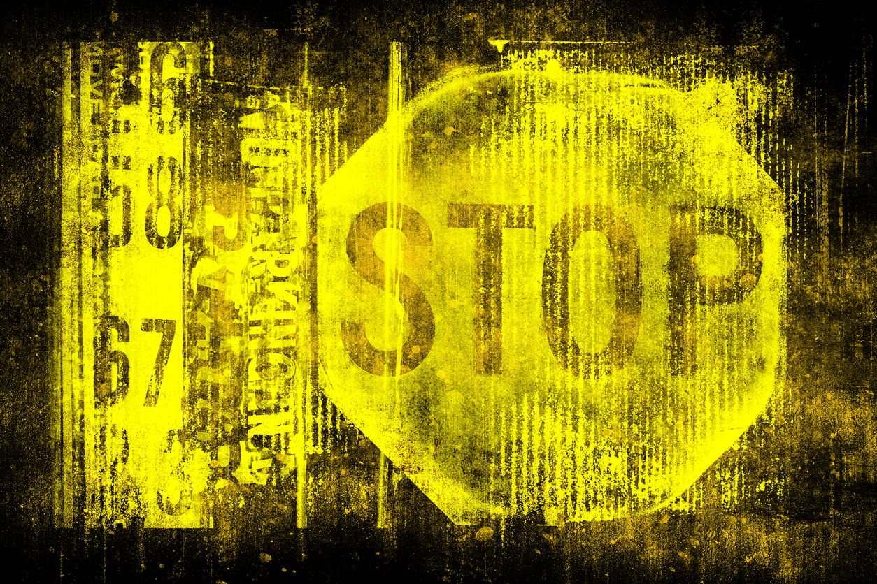Stop sign on old grungy wall. Symbol of stop motion. Monochrome yellow black illustration