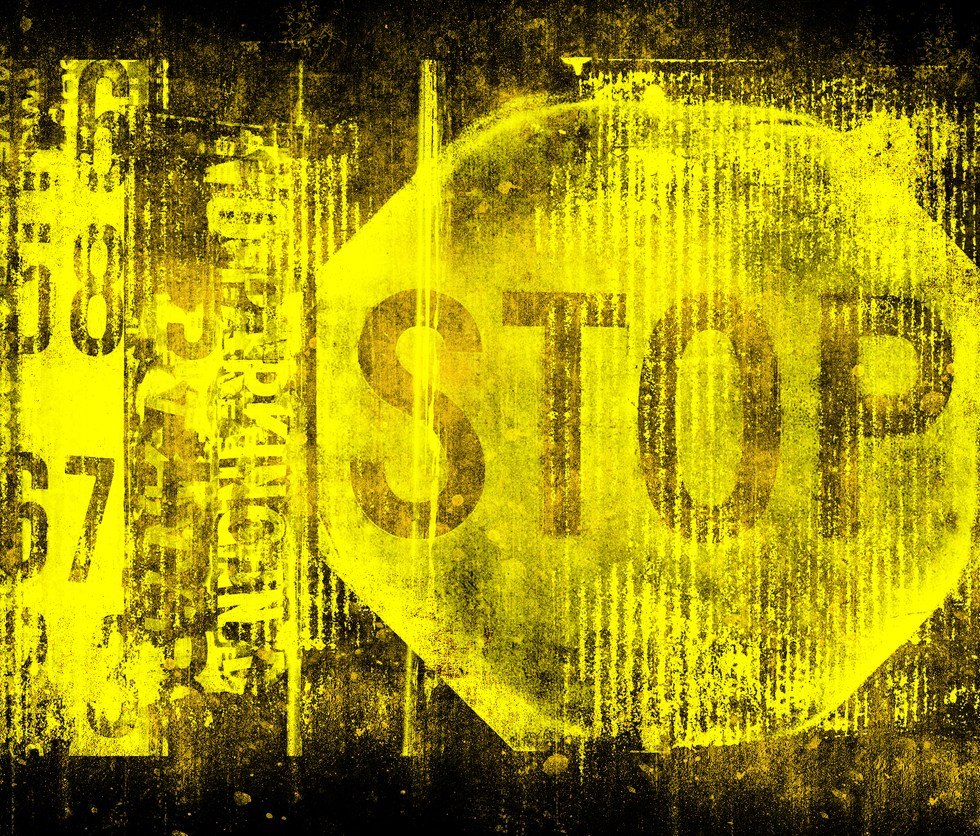 Stop sign on old grungy wall. Symbol of stop motion. Monochrome yellow black illustration